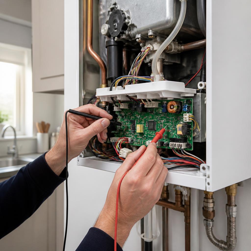 Gas Safe engineer probing the PCB inside a wall-mounted domestic combi boiler with a multimeter — Ash Villa boiler repair diagnostics in Acton and West London