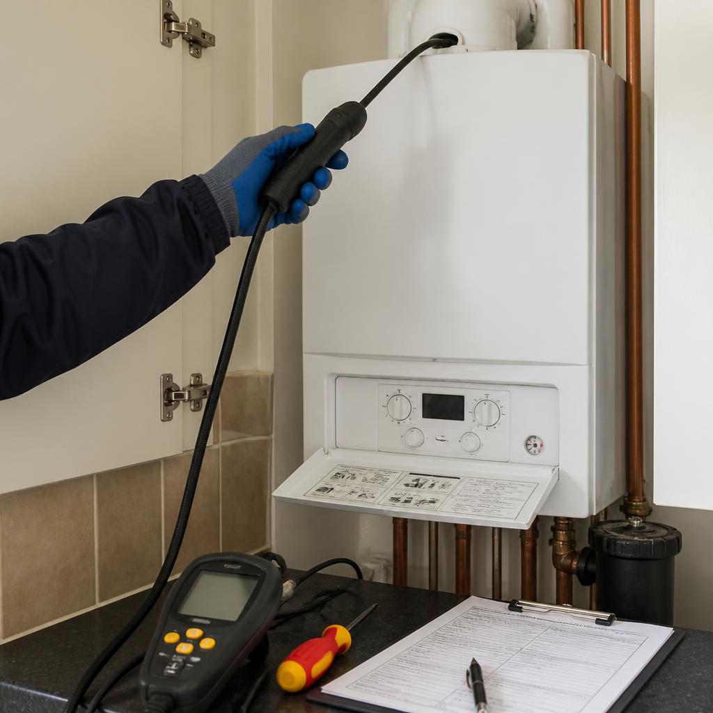 Gloved engineer holding a flue gas analyser probe at a white wall-mounted combi boiler with a CP12 gas safety record on the worktop — Ash Villa annual boiler servicing across West London