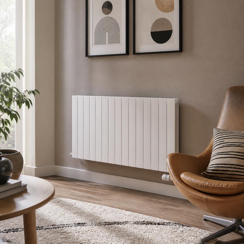 Modern horizontal white panel radiator mounted on a warm neutral wall in a stylish living room with oak flooring — Ash Villa central heating and radiator installation, West London
