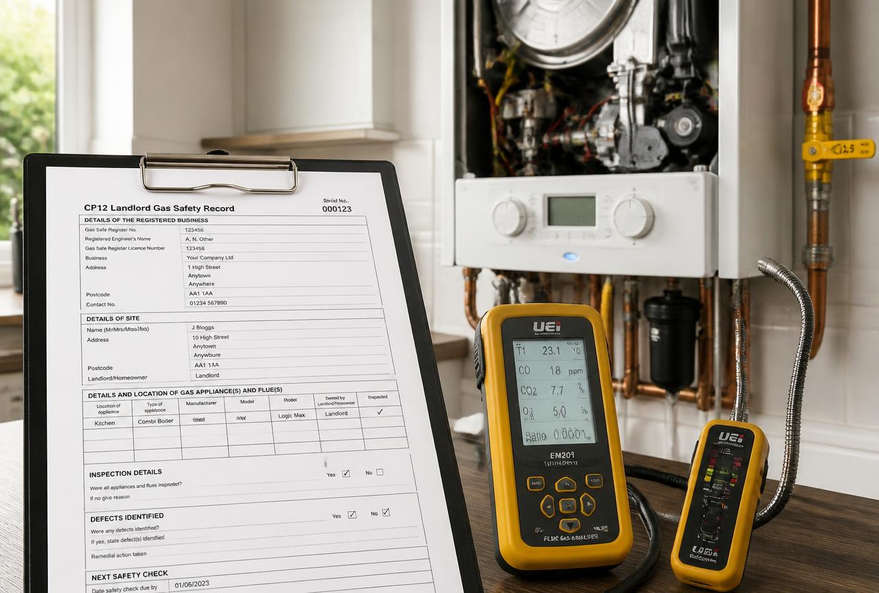 CP12 Landlord Gas Safety Record on a clipboard beside a flue gas analyser and gas leak detector, with an open white combi boiler and yellow gas isolation valve behind — Ash Villa Gas Safe certificates in Acton and West London