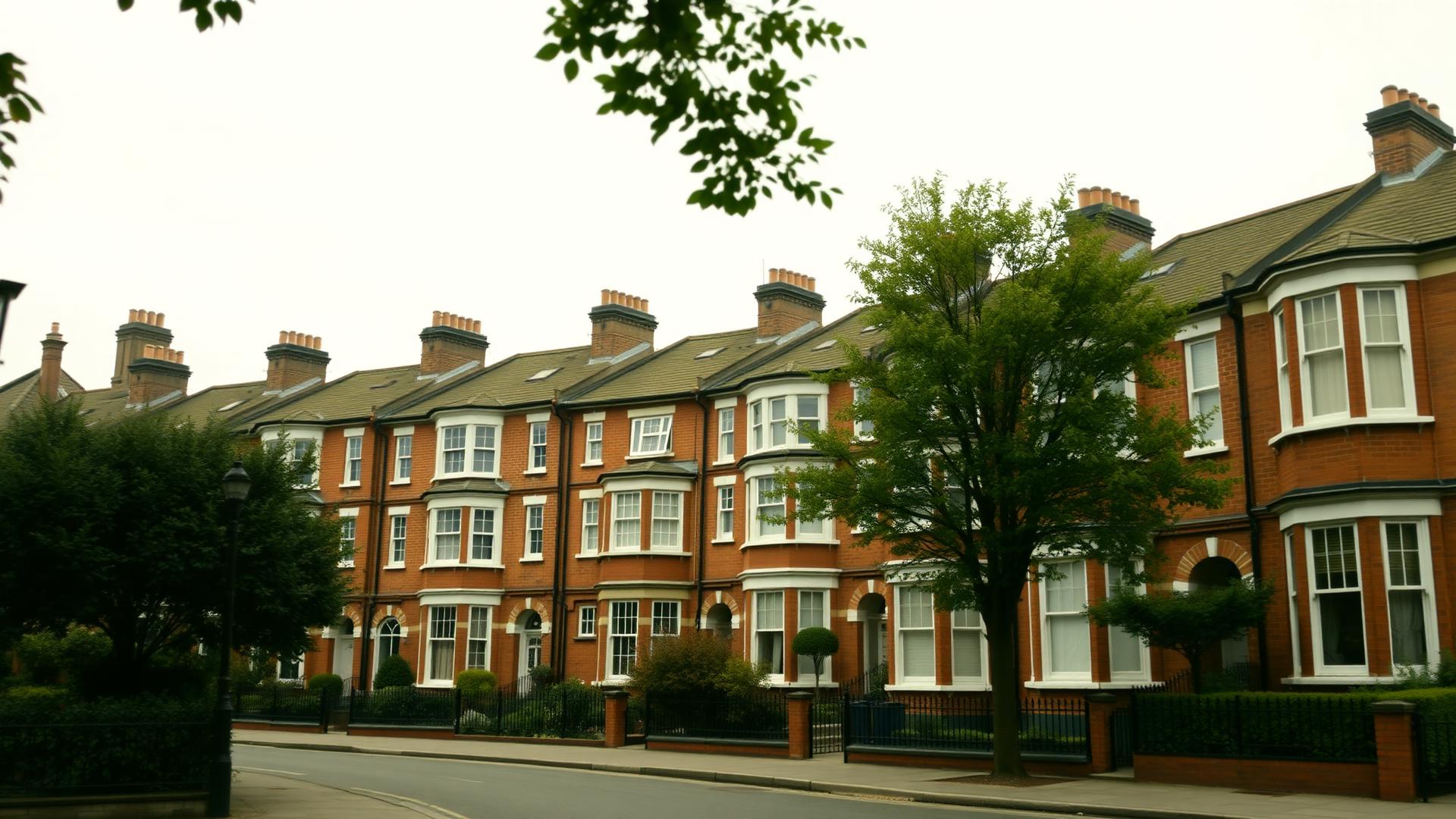 West London street of Victorian and Edwardian red-brick terraces with bay windows and chimney stacks