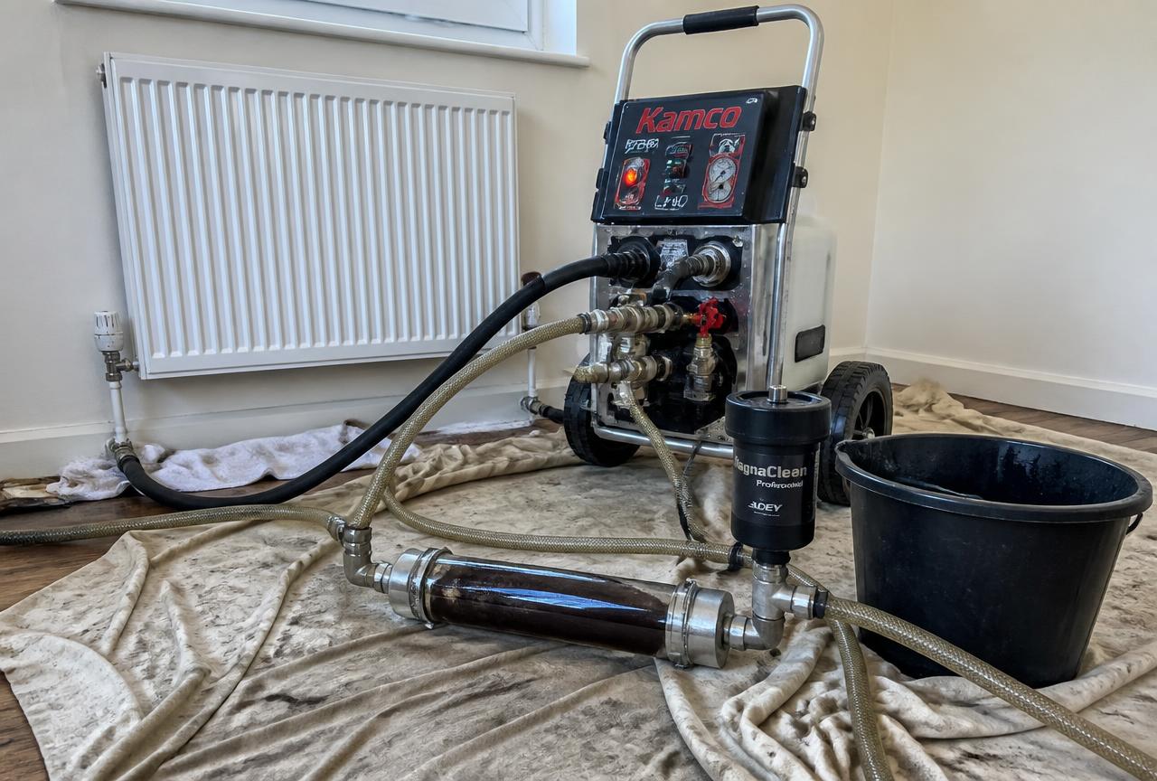Powerflush machine connected by hoses to a white panel radiator with a magnetic filter and a clear hose section full of black heating sludge, on dust sheets in a West London home — Ash Villa central heating powerflush