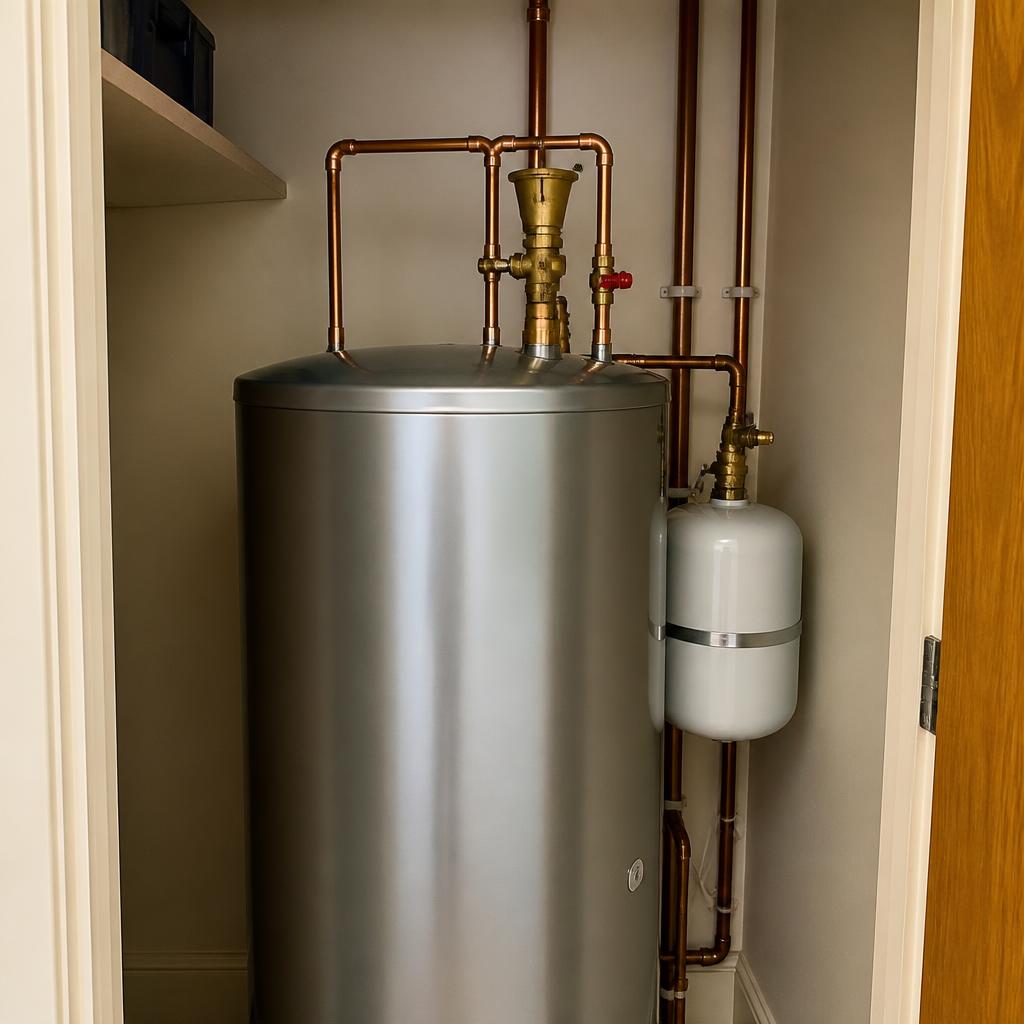 Large grey stainless-steel unvented hot water cylinder in an airing cupboard with neat copper pipework, brass tundish, red isolation valve and white expansion vessel — Ash Villa G3 certified unvented cylinder installation